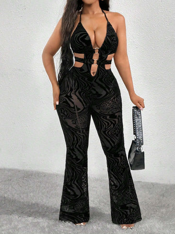 Women Summer Zebra Print Mesh Waist Hollow Out Halter Neck Tie Jumpsuit