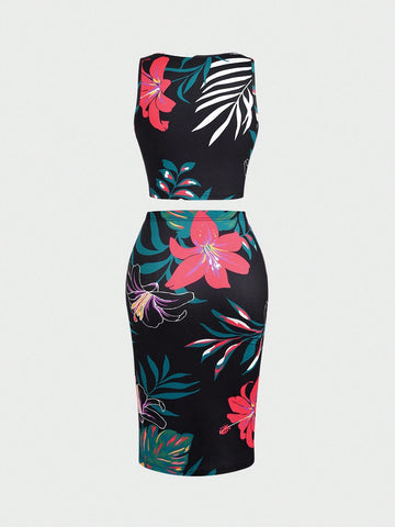 Women Tropical Print Slim Fit 2pcs/Set For Summer, Summer Outfits