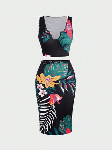 Women Tropical Print Slim Fit 2pcs/Set For Summer, Summer Outfits