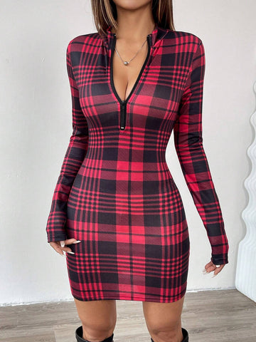 Women Vintage Plaid Zipper Half Placket Bodycon Long Sleeve Dress, Autumn