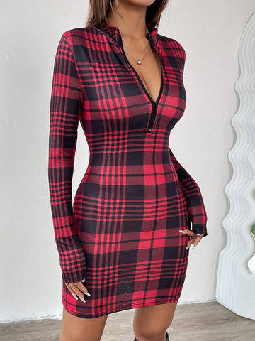 Women Vintage Plaid Zipper Half Placket Bodycon Long Sleeve Dress, Autumn