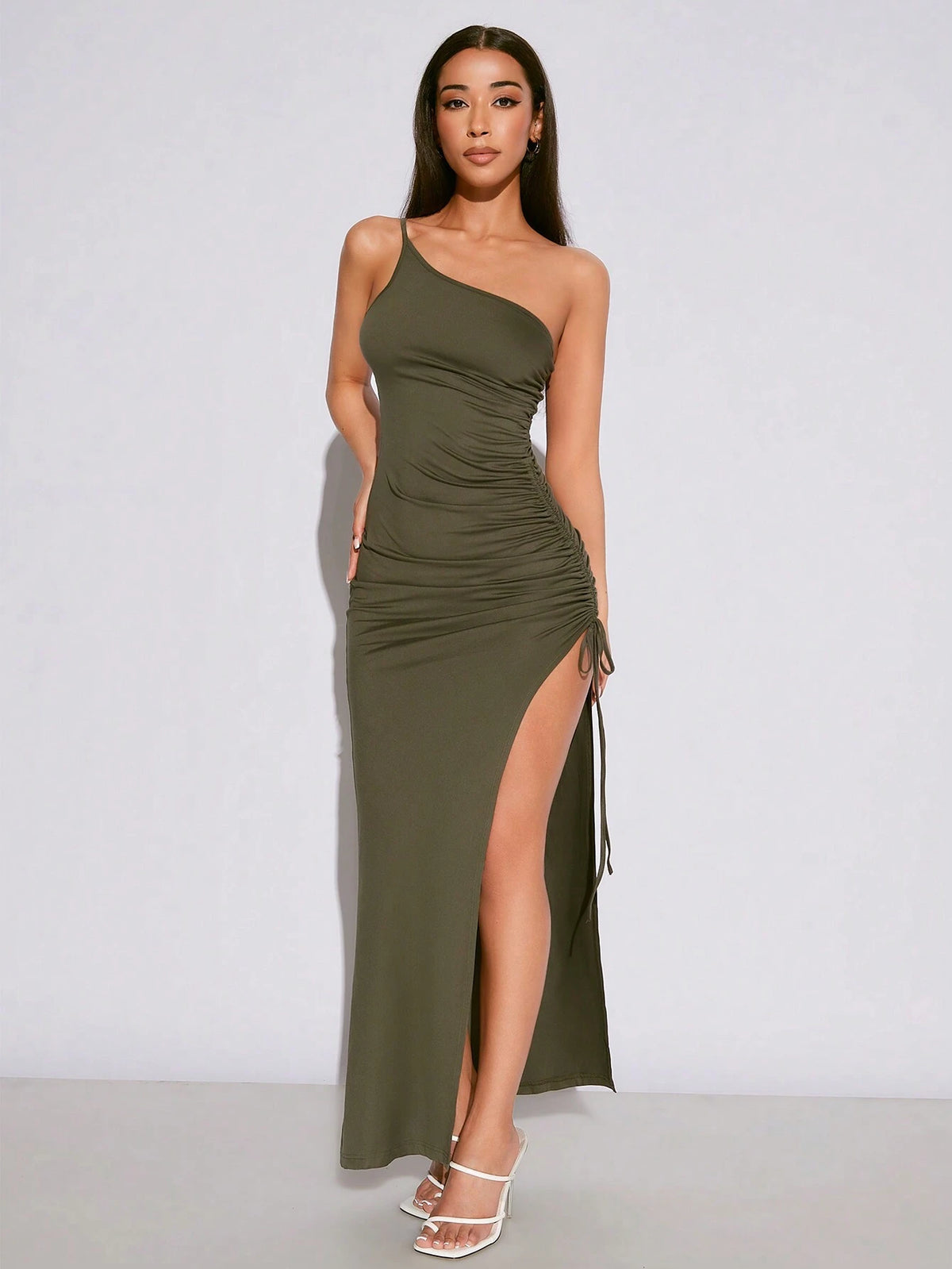 Women's Asymmetric Neckline Pleated Drawstring Dress With High Slit, Elegant & Fashionable