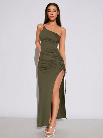 Women's Asymmetric Neckline Pleated Drawstring Dress With High Slit, Elegant & Fashionable
