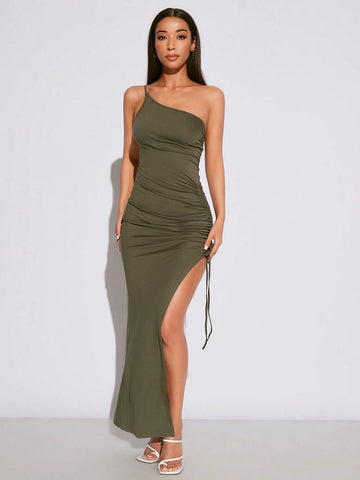 Women's Asymmetric Neckline Pleated Drawstring Dress With High Slit, Elegant & Fashionable