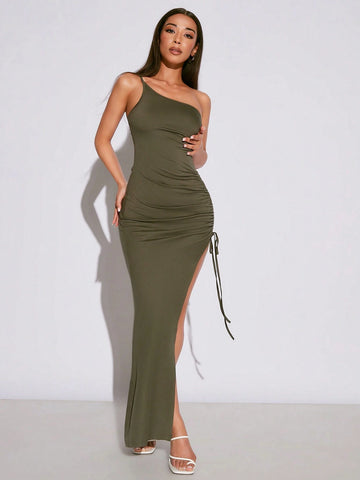 Women's Asymmetric Neckline Pleated Drawstring Dress With High Slit, Elegant & Fashionable