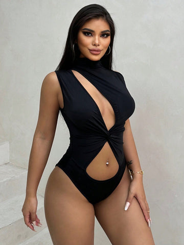Women's Asymmetrical Neckline Hollow Out Bodysuit