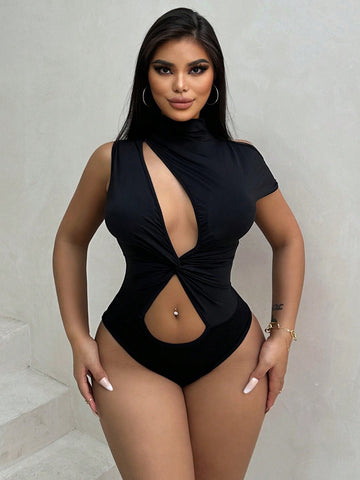 Women's Asymmetrical Neckline Hollow Out Bodysuit