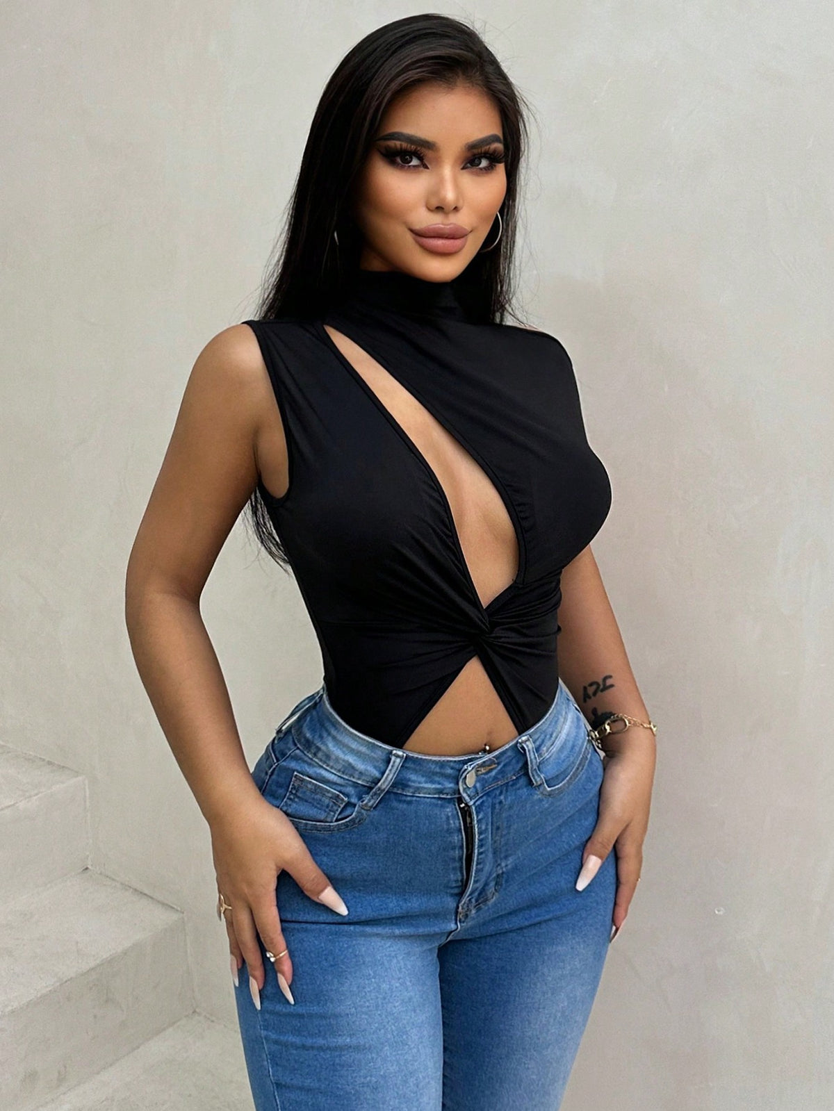 Women's Asymmetrical Neckline Hollow Out Bodysuit
