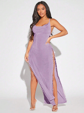 Women's Back Cross Straps Side Split Long Vacation Slip Dress