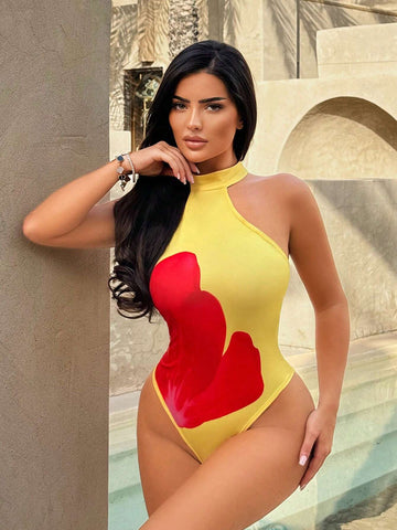 Women's Backless Bodysuit With Large Floral Print, Tight-Fitting And Sexy For Vacation