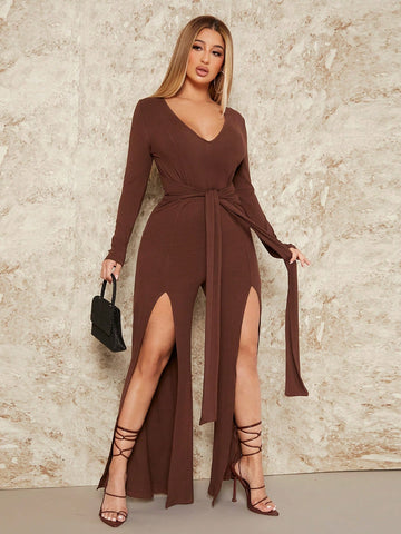 Women's Belted Jumpsuit With Dual Side Slit