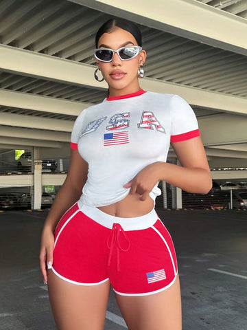 Women's Casual American Flag & Letter Print Short Sleeve T-Shirt And Shorts Two-Piece Set, Summer