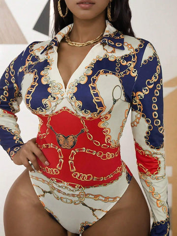 Women's Chain Printed Long Sleeve Shirt Bodysuit