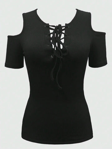 Women's Cold Shoulder Strap Cross Detail Top