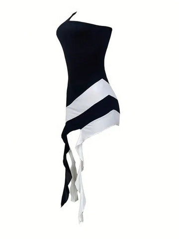 Women's Color-Blocked Asymmetric Hem One Shoulder Sleeveless Dress