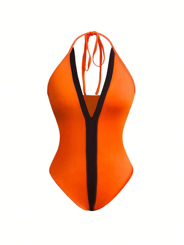 Women's Color Block Halter Neck Backless Summer Bodysuit