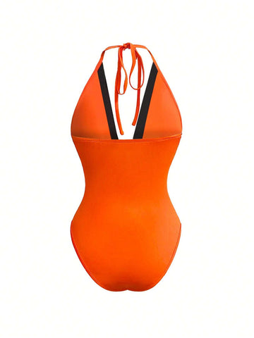 Women's Color Block Halter Neck Backless Summer Bodysuit