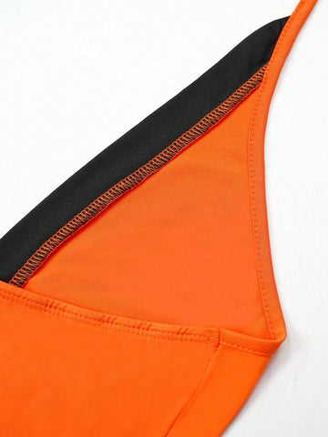 Women's Color Block Halter Neck Backless Summer Bodysuit