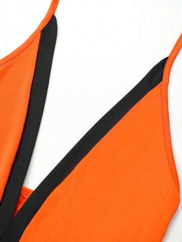 Women's Color Block Halter Neck Backless Summer Bodysuit