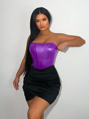 Women's Color Block Pleated Wrap Bust Strapless Dress