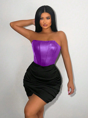 Women's Color Block Pleated Wrap Bust Strapless Dress
