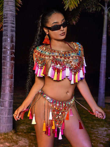 Women's Colorful Gemstones & Tassels Decor Cropped Top And Skirt Two Piece Set
