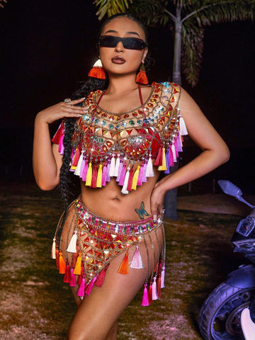 Women's Colorful Gemstones & Tassels Decor Cropped Top And Skirt Two Piece Set
