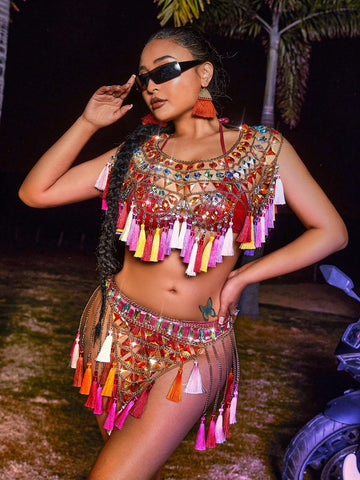 Women's Colorful Gemstones & Tassels Decor Cropped Top And Skirt Two Piece Set