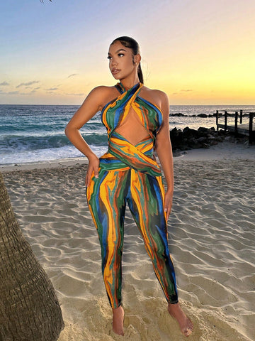 Women's Colorful Printed Vacation Skinny Jumpsuit