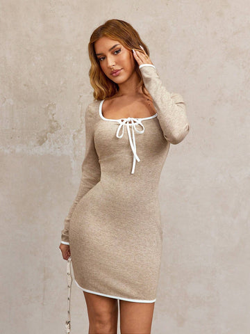 Women's Contrast Color Trim Front Tie Long Sleeve Casual Shift Dress