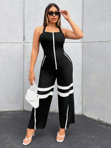 Women's Contrast Color Zipper Back Criss Cross Strap Jumpsuit