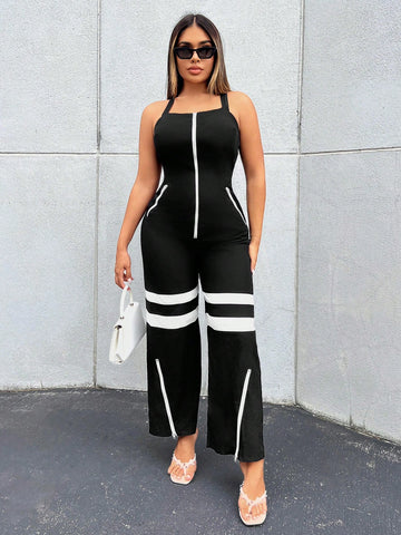 Women's Contrast Color Zipper Back Criss Cross Strap Jumpsuit
