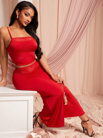 Women's Contrast Lace Camisole Top And Fishtail Midi Skirt 2 Piece Fitted Set