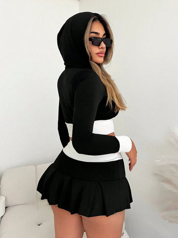 Women's Contrast Zipper Long Sleeve Jacket And Skirt Sexy Set