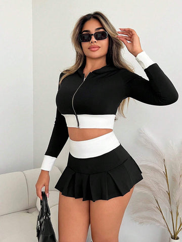 Women's Contrast Zipper Long Sleeve Jacket And Skirt Sexy Set