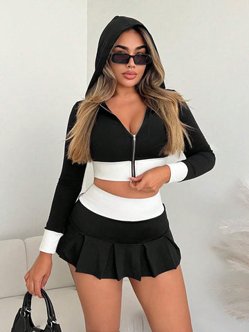 Women's Contrast Zipper Long Sleeve Jacket And Skirt Sexy Set