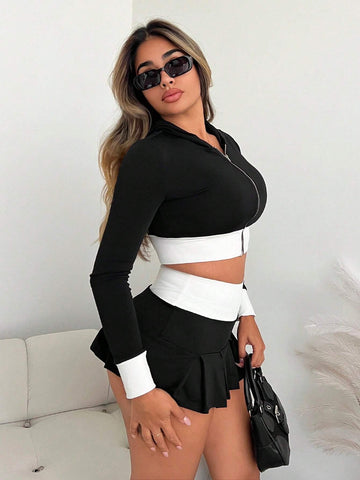 Women's Contrast Zipper Long Sleeve Jacket And Skirt Sexy Set