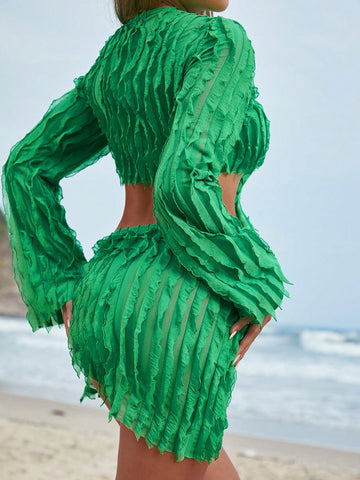 Women's Crop Top With Front Knot Detail And Skirt Set