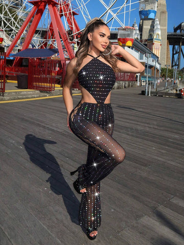 Women's Cutout Back Halterneck Sparkling Sequin Embellished See-Through Jumpsuit Women Festival Outfits Birthday Outfit Spring Summer Women Clothes Date Night Dress Bachelorette Party Party Women Dresses Glow In The Dark Neon Metallic