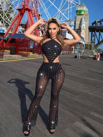 Women's Cutout Back Halterneck Sparkling Sequin Embellished See-Through Jumpsuit Women Festival Outfits Birthday Outfit Spring Summer Women Clothes Date Night Dress Bachelorette Party Party Women Dresses Glow In The Dark Neon Metallic