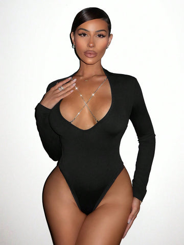 Women's Deep V-Neck Cross Front Jumpsuit With Rhinestone Chain Detail