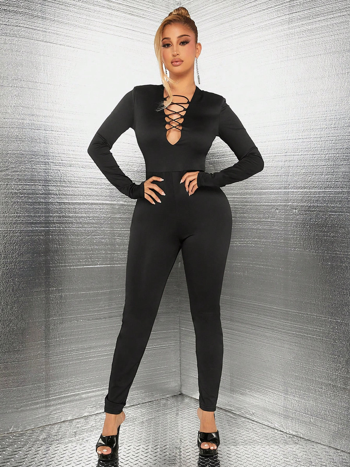 Women's Deep V Cross Strap Bodysuit Jumpsuit