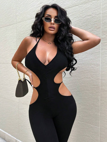 Women's Fashion Solid Color V-Neck Halter Sleeveless Jumpsuit With Hollow Out, Pleats, Backless And Tied Knot