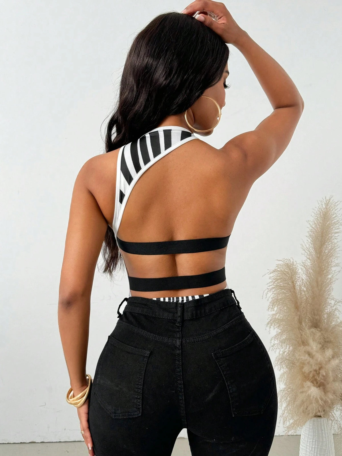 Women's Fashionable Black & White Striped Backless Halter Bodysuit, Summer