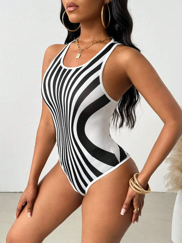 Women's Fashionable Black & White Striped Backless Halter Bodysuit, Summer