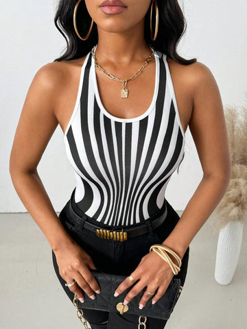 Women's Fashionable Black & White Striped Backless Halter Bodysuit, Summer