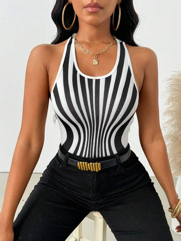 Women's Fashionable Black & White Striped Backless Halter Bodysuit, Summer