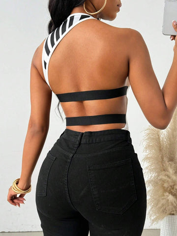 Women's Fashionable Black & White Striped Backless Halter Bodysuit, Summer