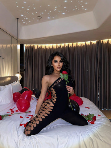 Women's Fashionable Hollow Out One-Shoulder Sleeveless Tight Jumpsuit With Mesh Design