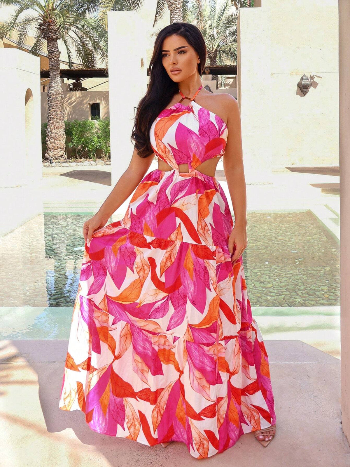 Women's Floral Hollow Out Backless Halter Neck Maxi Dress For Vacation
